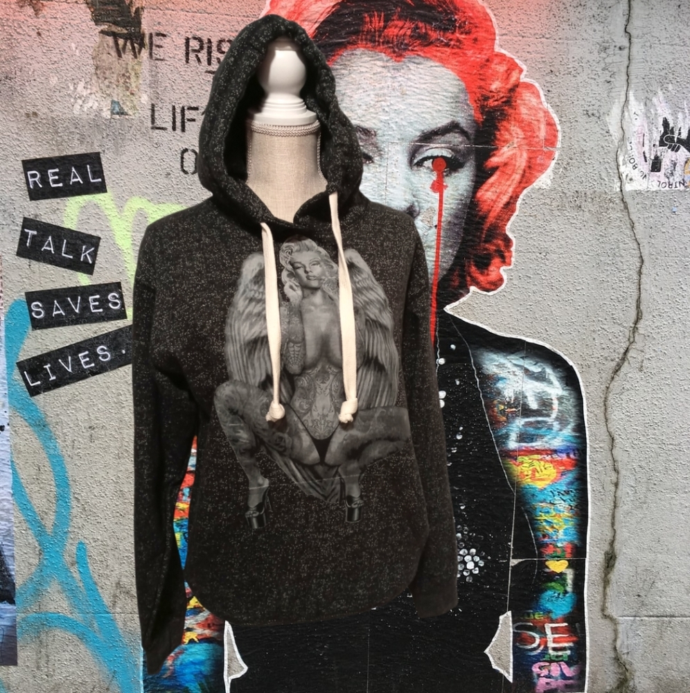 💋Marilyn Monroe Tattooed Angel Unisex Soft Knit Hoodie Sz Med🖤🖤